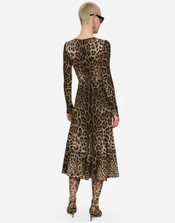 Leopard-print calf-length cady dress