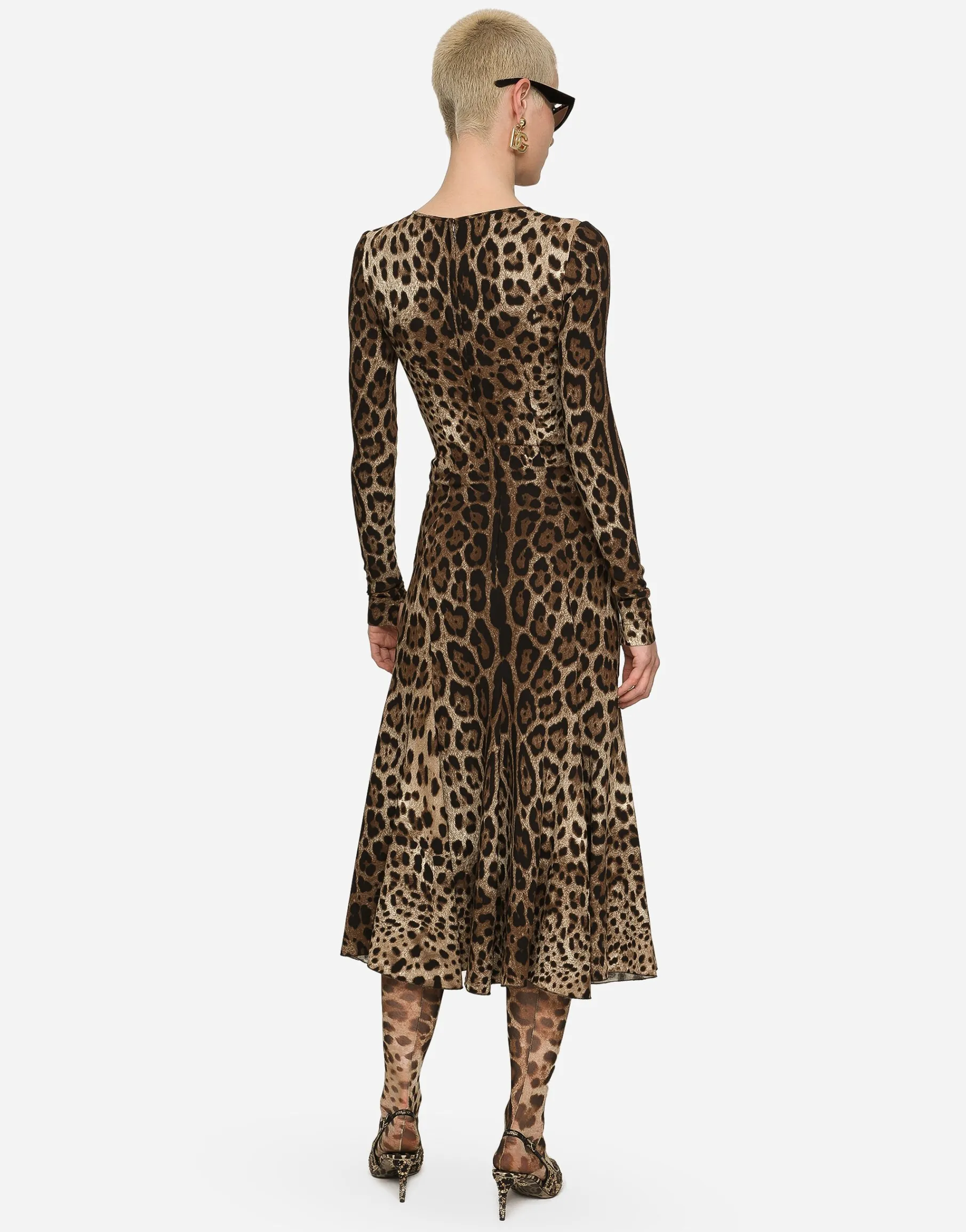 Leopard-print calf-length cady dress