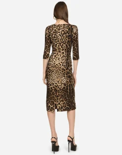 Leopard-print calf-length cady dress