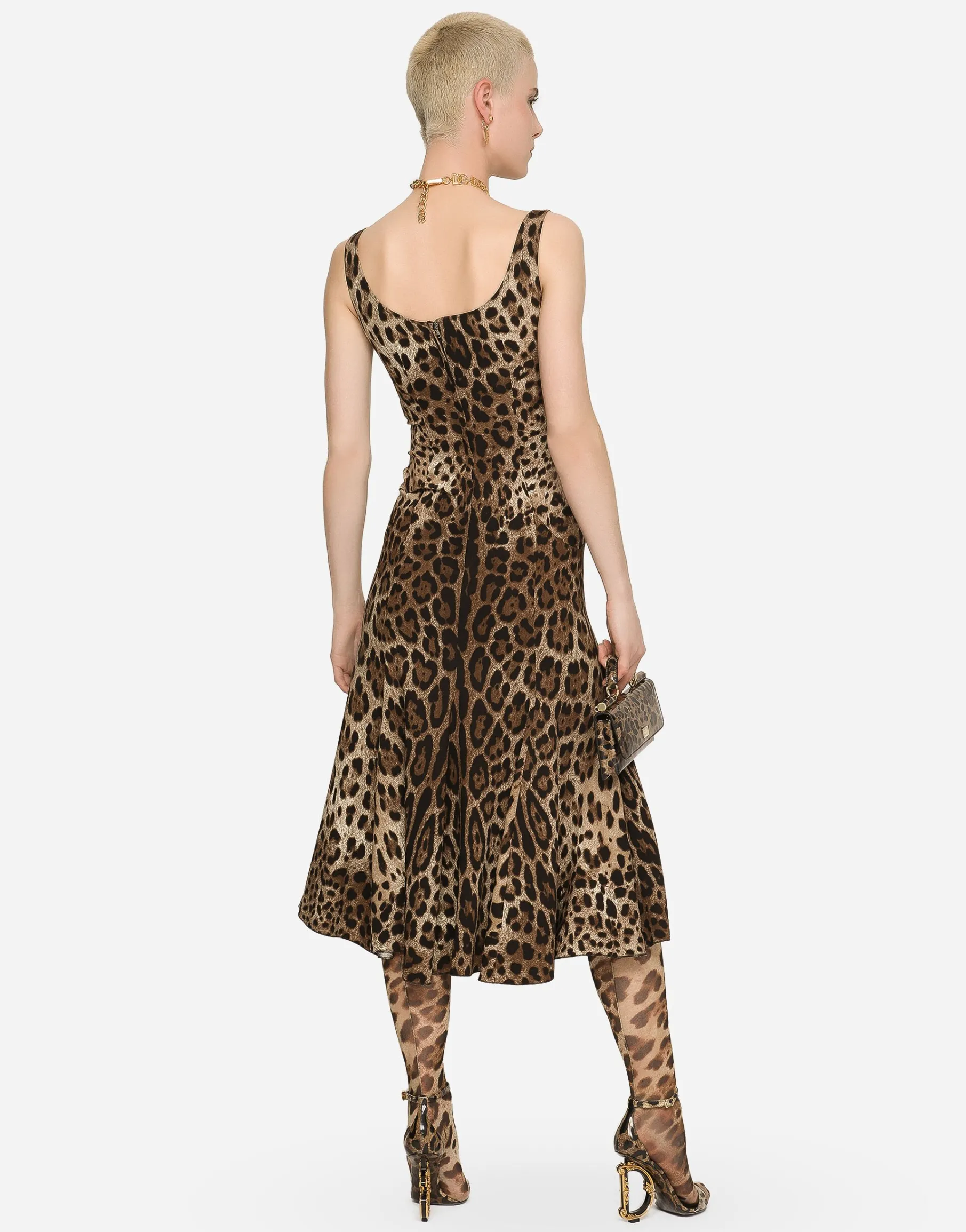 Leopard-print calf-length cady dress