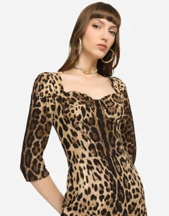 Leopard-print calf-length cady dress