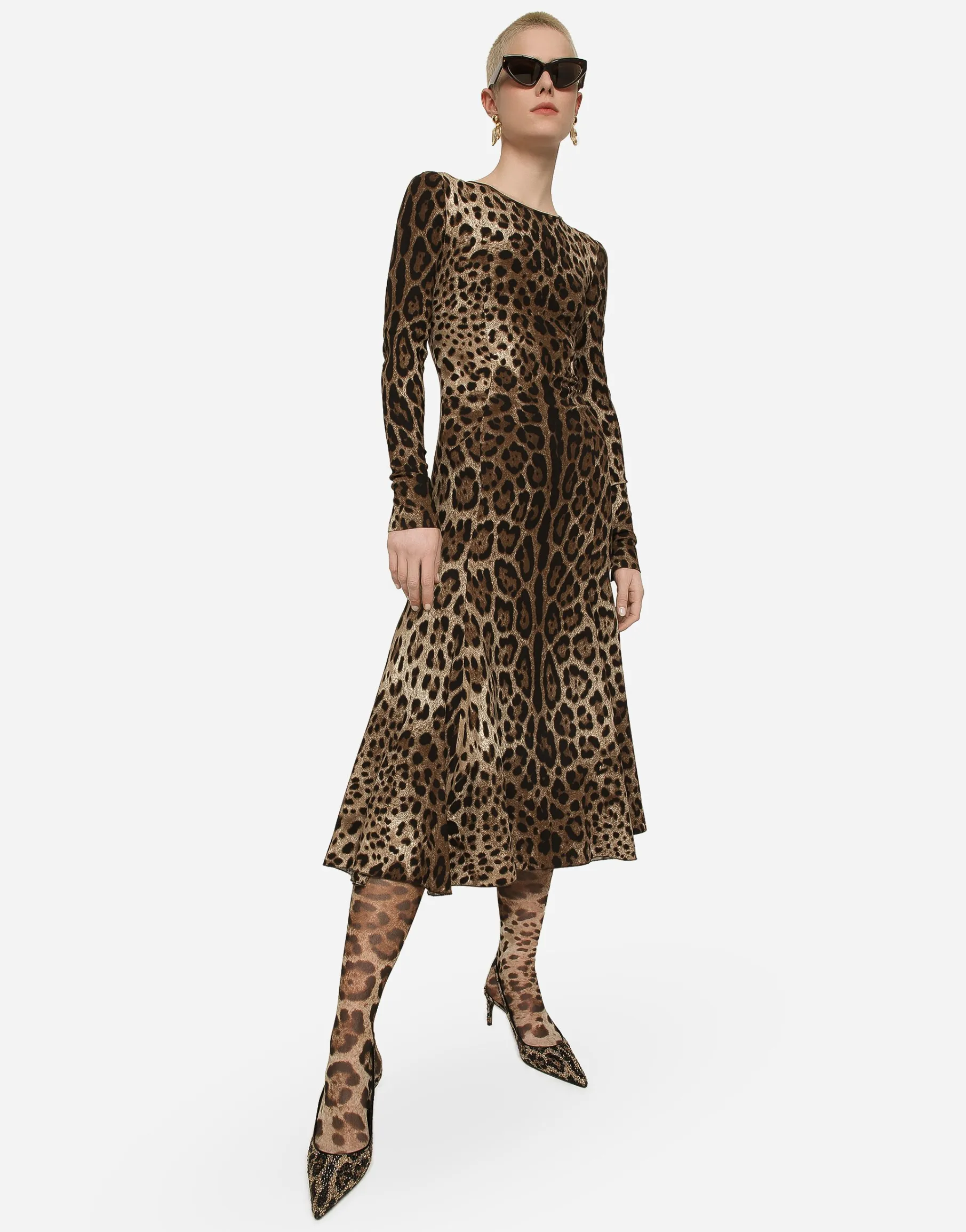 Leopard-print calf-length cady dress