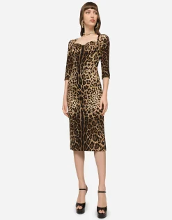 Leopard-print calf-length cady dress