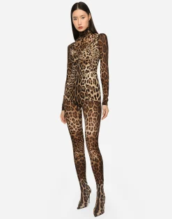 Leopard-print charmeuse bodysuit