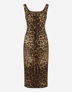 Leopard-print charmeuse midi dress
