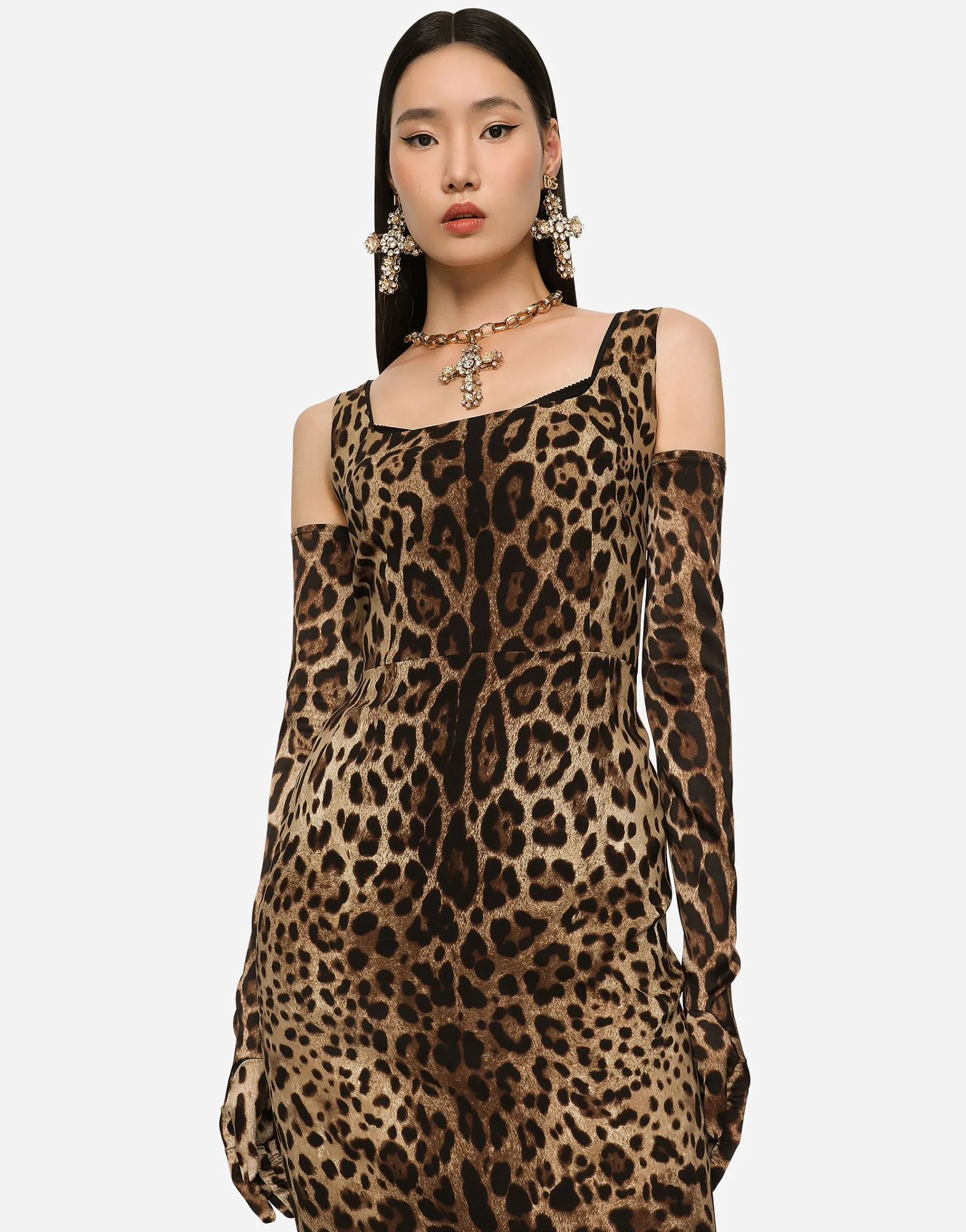 Leopard-print charmeuse midi dress