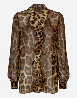 Leopard-print chiffon shirt with ruches