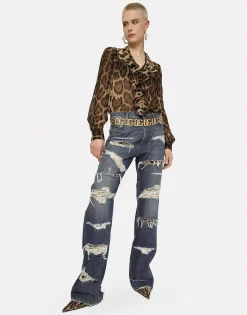 Leopard-print chiffon shirt with ruches