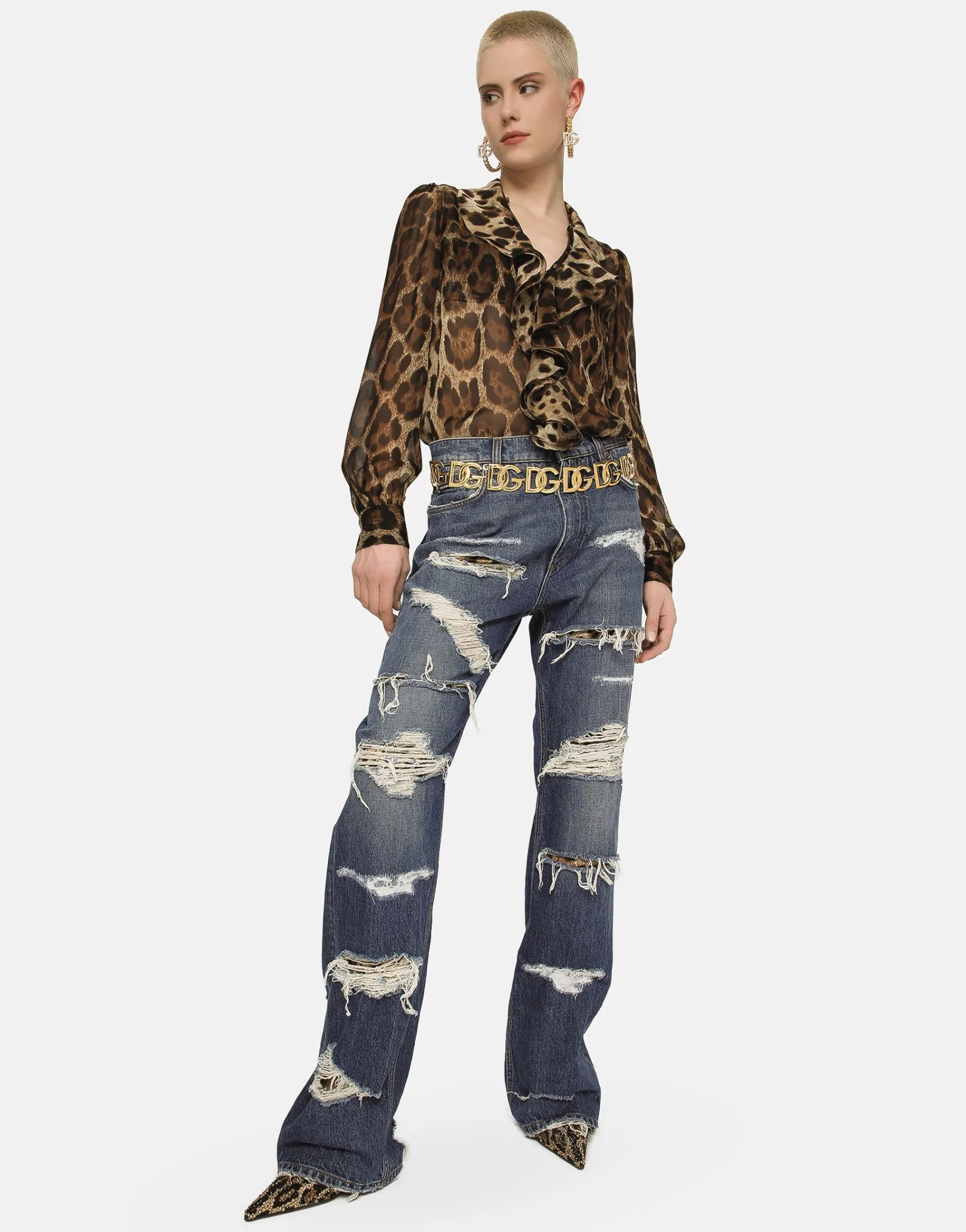 Leopard-print chiffon shirt with ruches