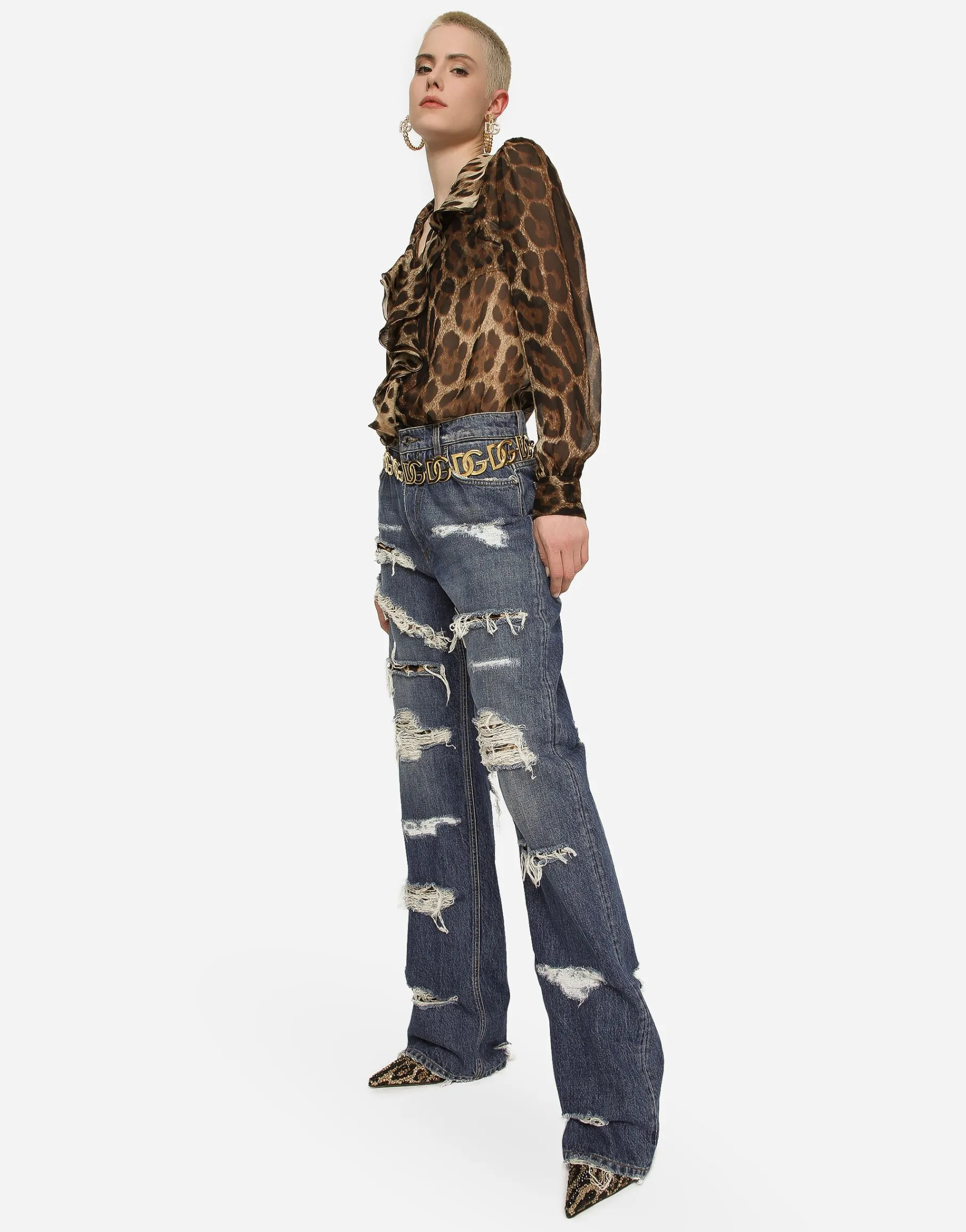 Leopard-print chiffon shirt with ruches