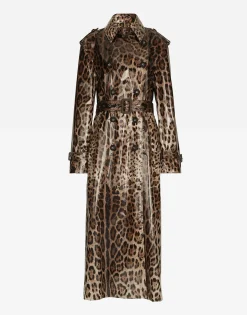Leopard-print coated sateen trench coat