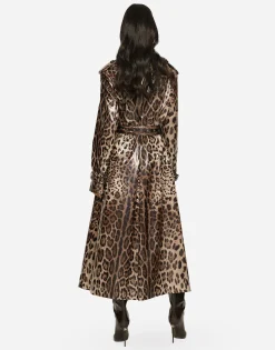 Leopard-print coated sateen trench coat