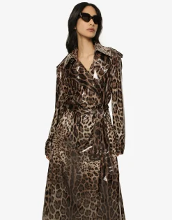 Leopard-print coated sateen trench coat