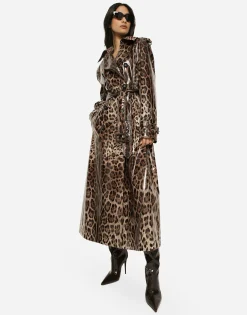 Leopard-print coated sateen trench coat