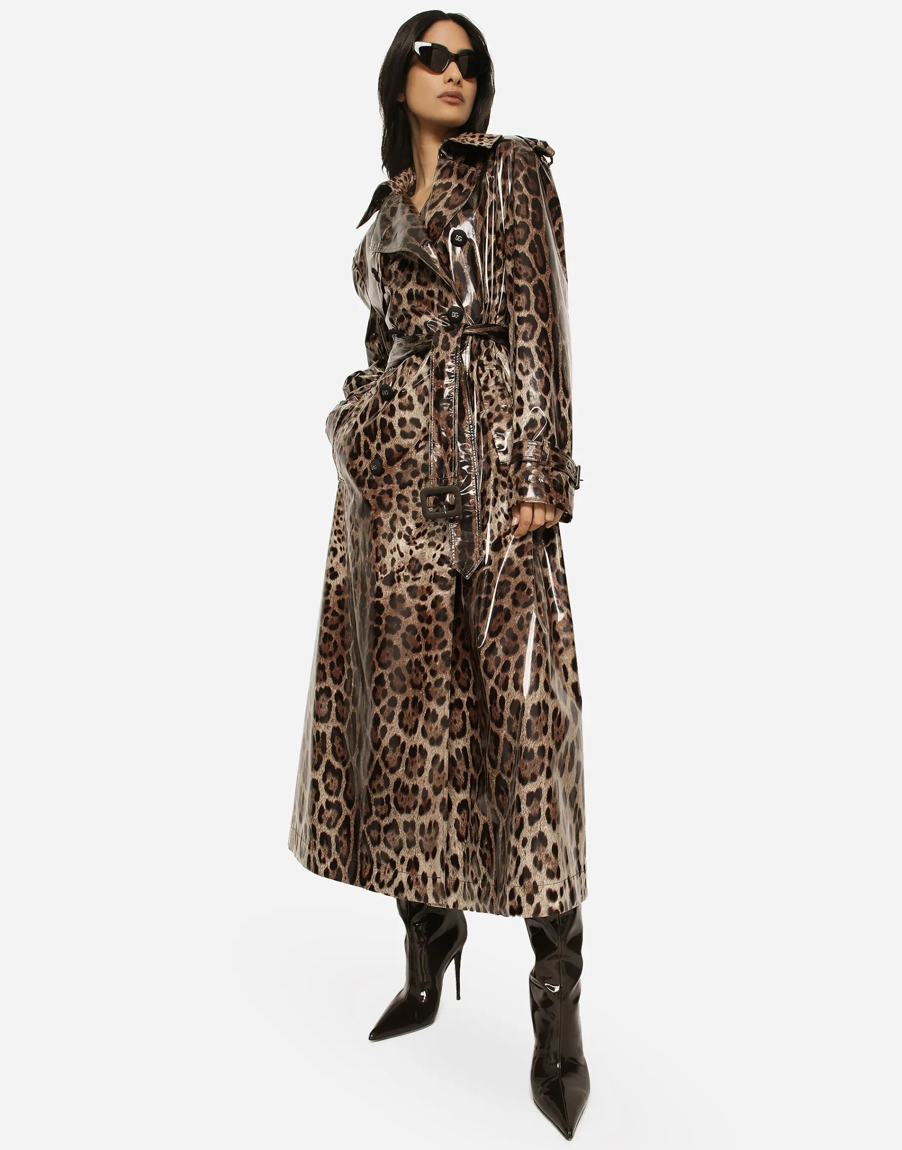 Leopard-print coated sateen trench coat