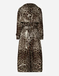 Leopard-print coated satin trench coat