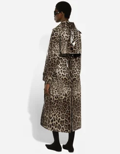 Leopard-print coated satin trench coat