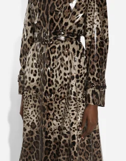 Leopard-print coated satin trench coat