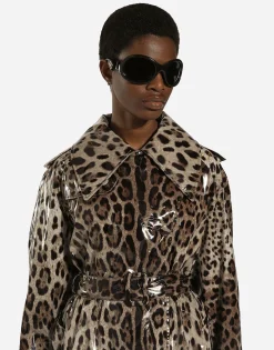 Leopard-print coated satin trench coat