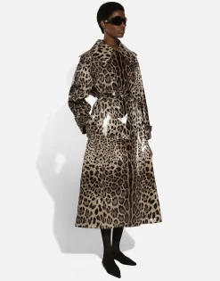 Leopard-print coated satin trench coat