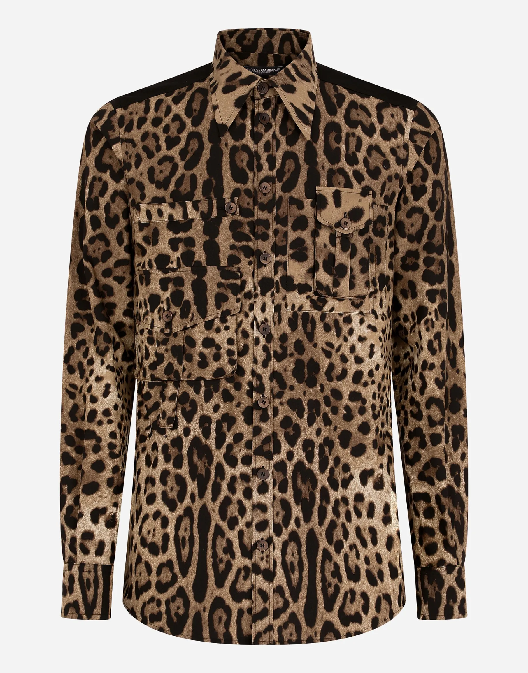 Leopard-print cotton shirt with multiple pockets
