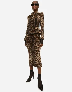 Leopard-print double crepe calf-length skirt