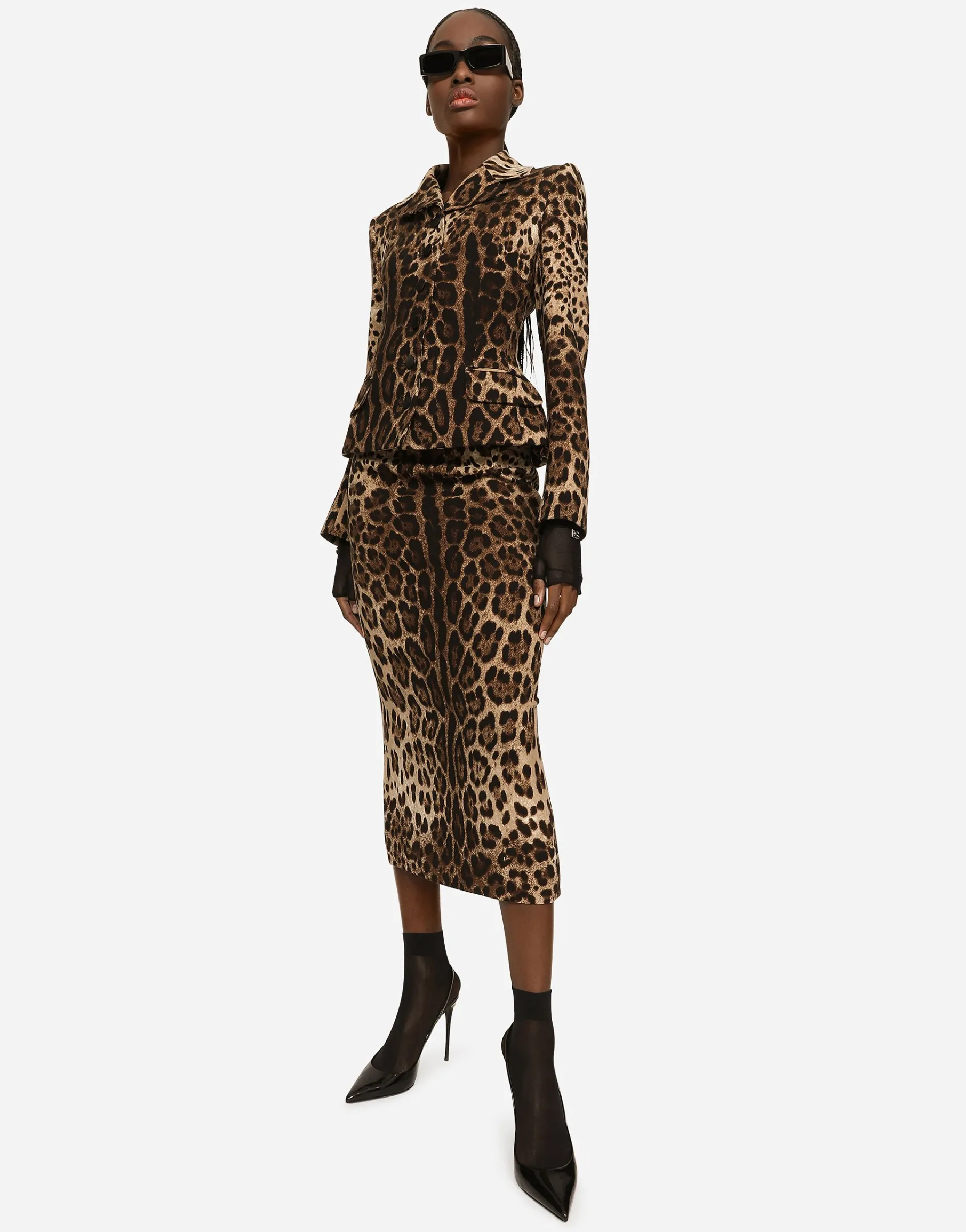 Leopard-print double crepe calf-length skirt