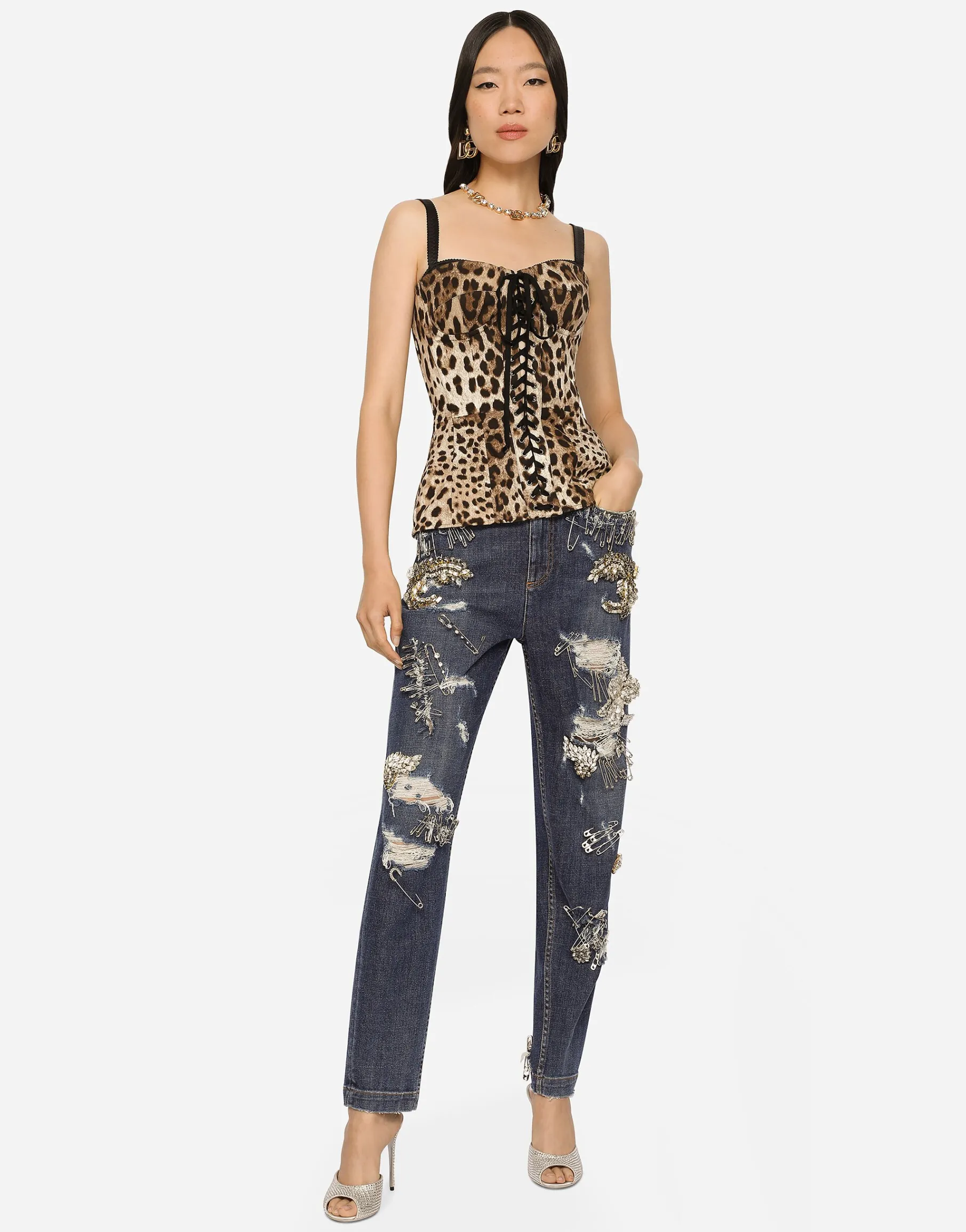 Leopard-print drill shaper corset with laces
