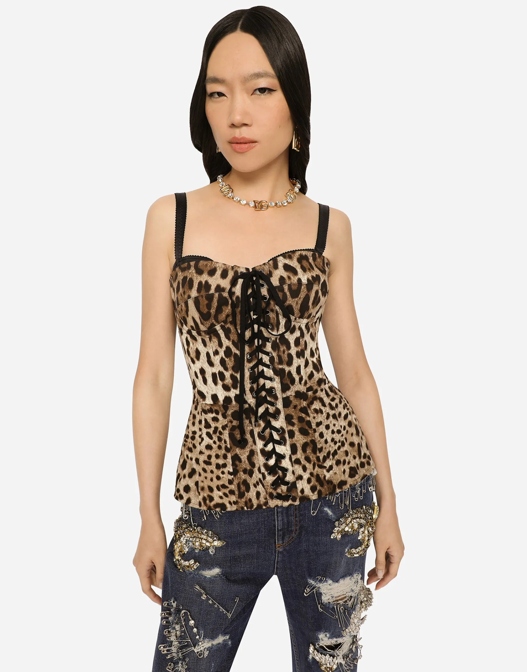 Leopard-print drill shaper corset with laces