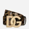 Leopard-print glossy calfskin belt with DG logo