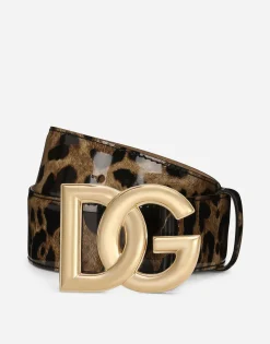 Leopard-print glossy calfskin belt with DG logo