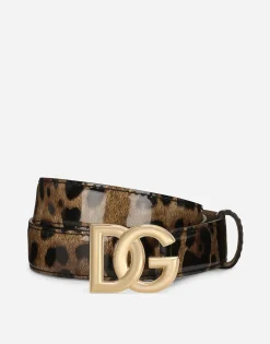 Leopard-print glossy calfskin belt with DG logo