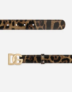 Leopard-print glossy calfskin belt with DG logo