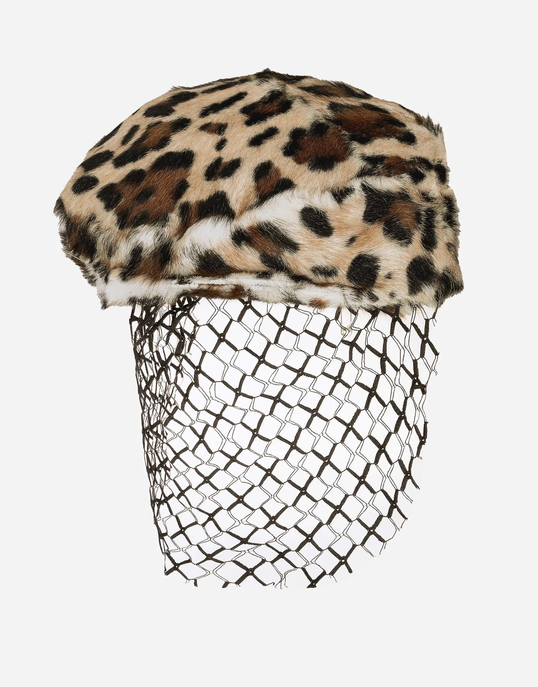 Leopard-print goatskin flat cap with veil