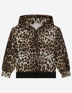 Leopard-print jersey hoodie with branded elastic