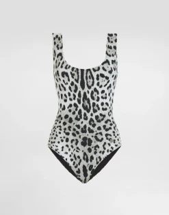 Leopard-print one-piece racing swimsuit
