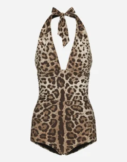 Leopard-print one-piece swimsuit with plunging neckline