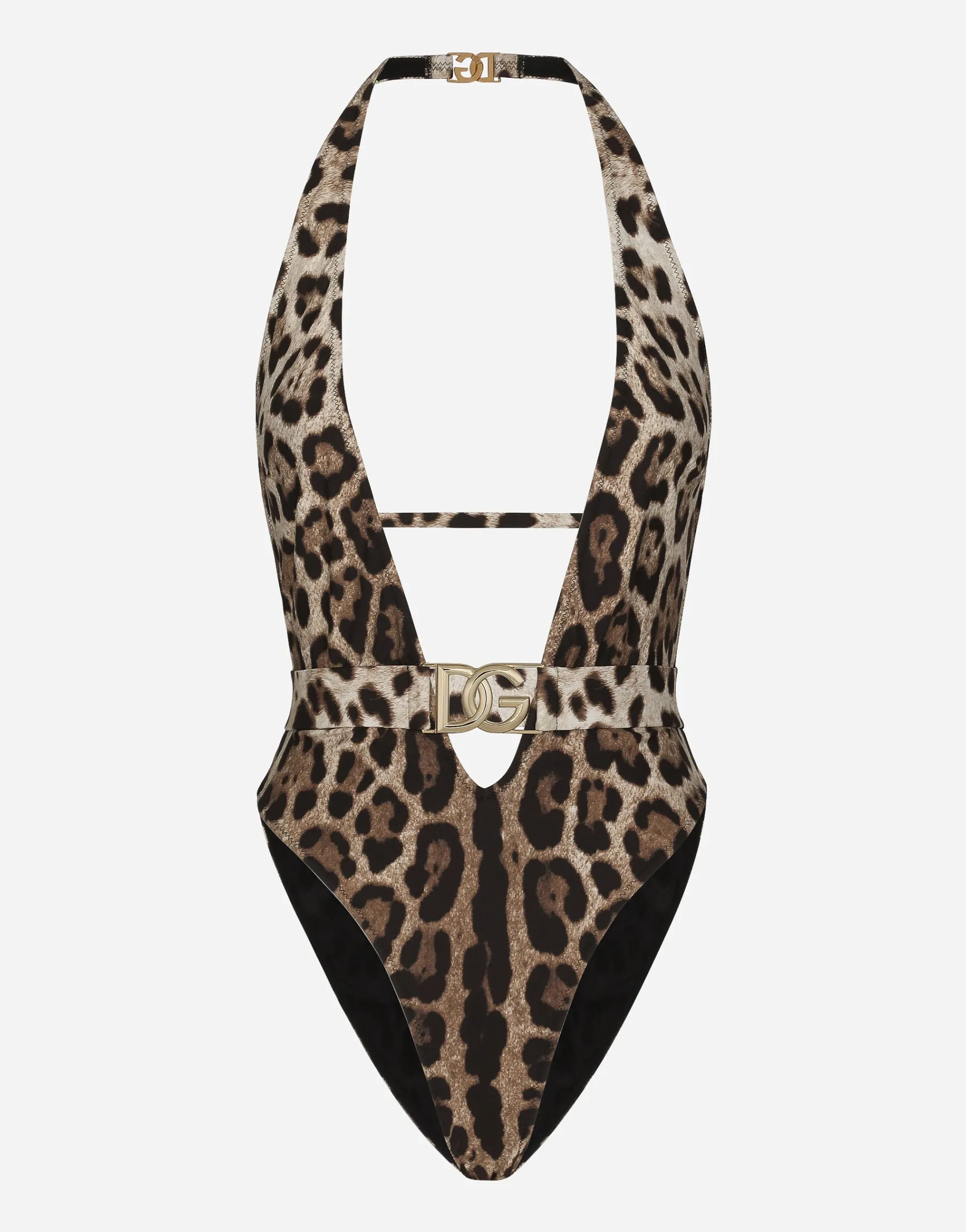 Leopard-print one-piece swimsuit with belt