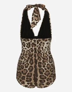Leopard-print one-piece swimsuit with plunging neckline