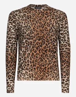 Leopard-print round-neck wool sweater