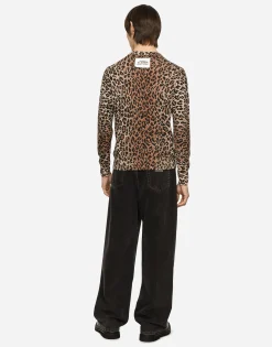 Leopard-print round-neck wool sweater