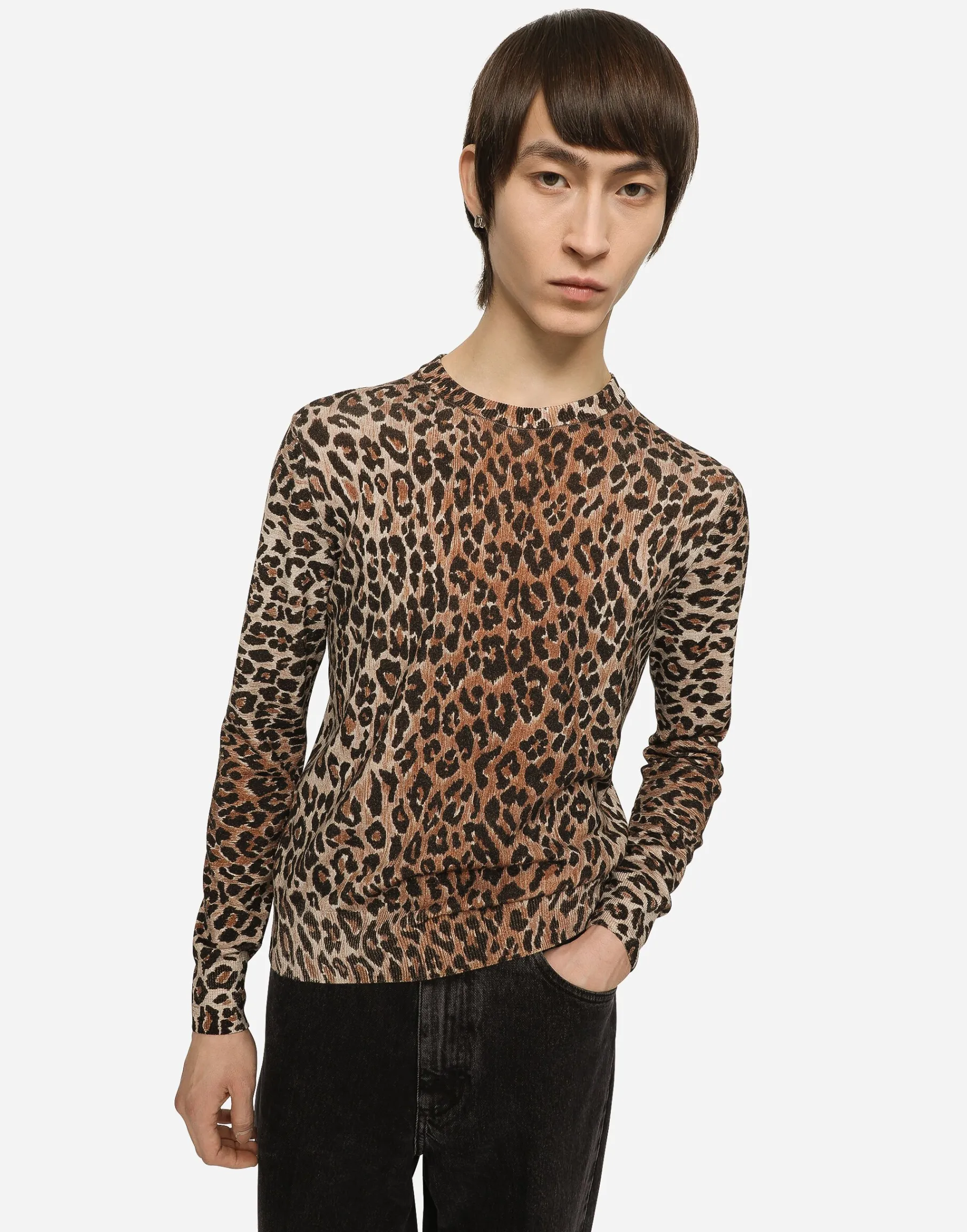 Leopard-print round-neck wool sweater