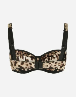 Leopard-print satin balconette bra with lace detailing