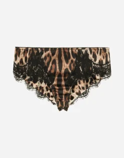 Leopard-print satin briefs with lace detailing