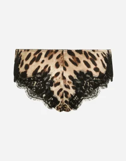 Leopard-print satin briefs with lace detailing