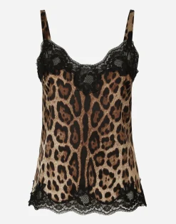 Leopard-print satin lingerie-style top with lace detailing