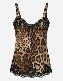 Leopard-print satin lingerie-style top with lace detailing