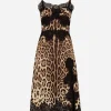 Leopard-print satin midi lingerie-style dress with lace trims