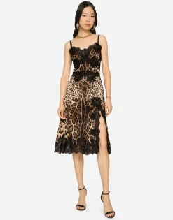 Leopard-print satin midi lingerie-style dress with lace trims