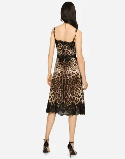 Leopard-print satin midi lingerie-style dress with lace trims